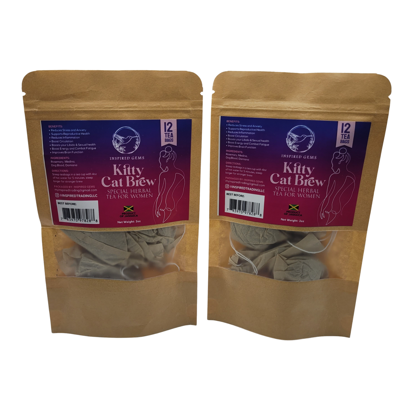 Kitty Kat Brew Tea – 100% Organic Jamaican Herbal Tea for Women (2-Pack, 24 Bags) | Supports Mood, Arousal & Female Vitality | Fevergrass, Damiana, Medina, Rosemary