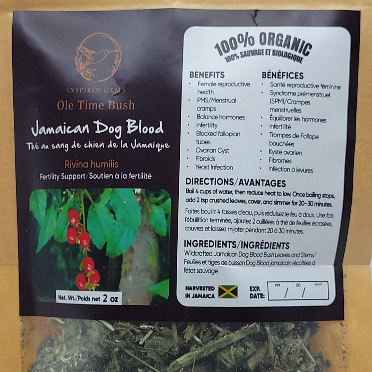 Organic Jamaican Dog Blood Tea – 4oz (2 x 2oz Packs) | Wildcrafted Rivina Humilis | Traditional Jamaican Herbal Tea | Handpicked Bush Tea | Inspired Gems