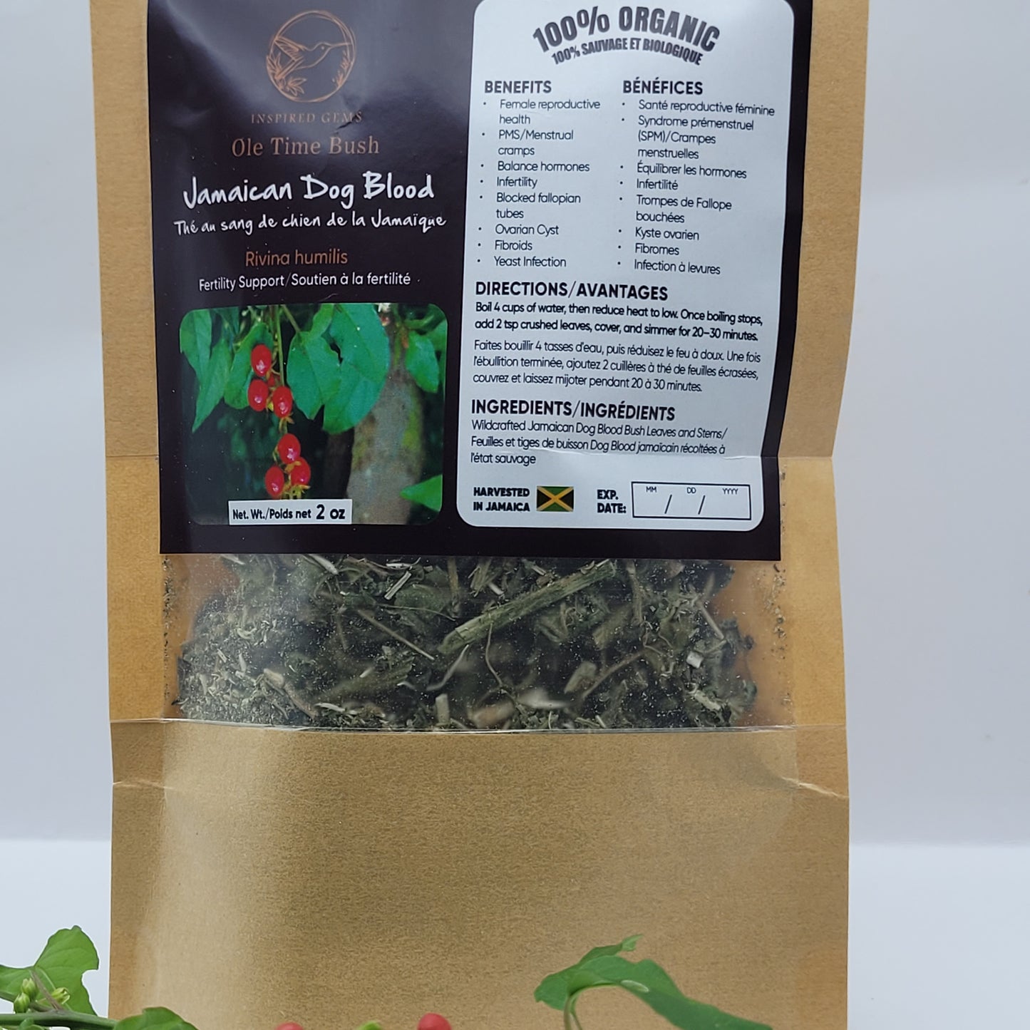 Organic Jamaican Dog Blood Tea – 4oz (2 x 2oz Packs) | Wildcrafted Rivina Humilis | Traditional Jamaican Herbal Tea | Handpicked Bush Tea | Inspired Gems