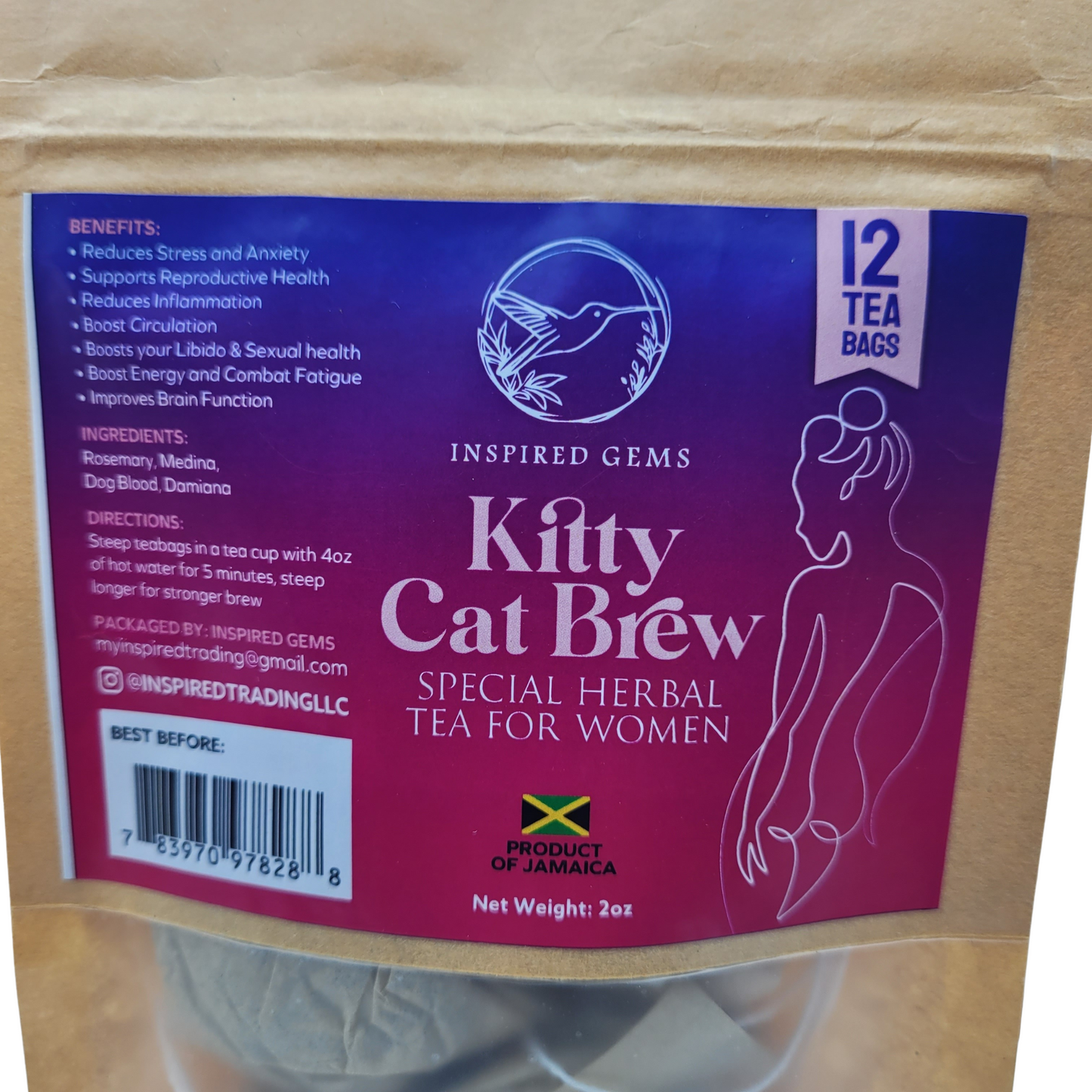 Kitty Kat Brew Tea – 100% Organic Jamaican Herbal Tea for Women (2-Pack, 24 Bags) | Supports Mood, Arousal & Female Vitality | Fevergrass, Damiana, Medina, Rosemary