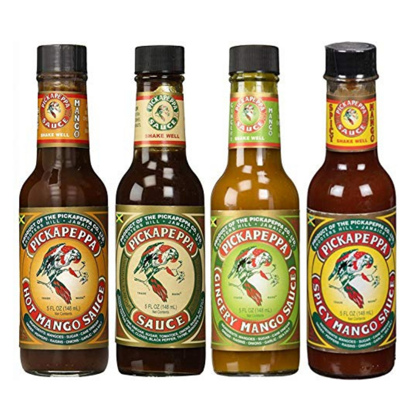 Pickapeppa Sauce Variety Pack – 4 Flavors (Brown, Hot Mango, Spicy Mango, Gingery Mango) – Authentic Jamaican Condiments – Sweet, Tangy & Spicy Caribbean Sauces – 5oz Bottles