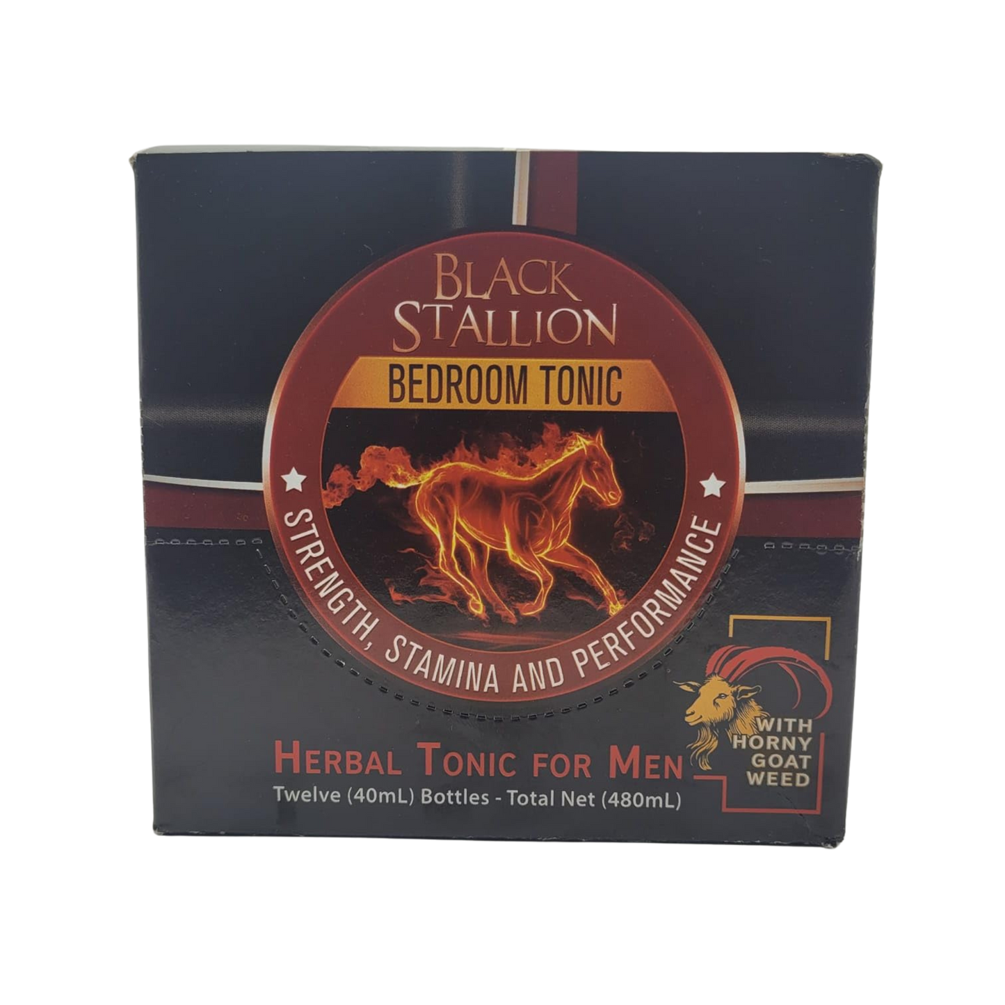 Retail box of Black Stallion Bedroom Tonic for Men, featuring the fiery stallion logo and highlighting strength, stamina, and performance with Horny Goat Weed