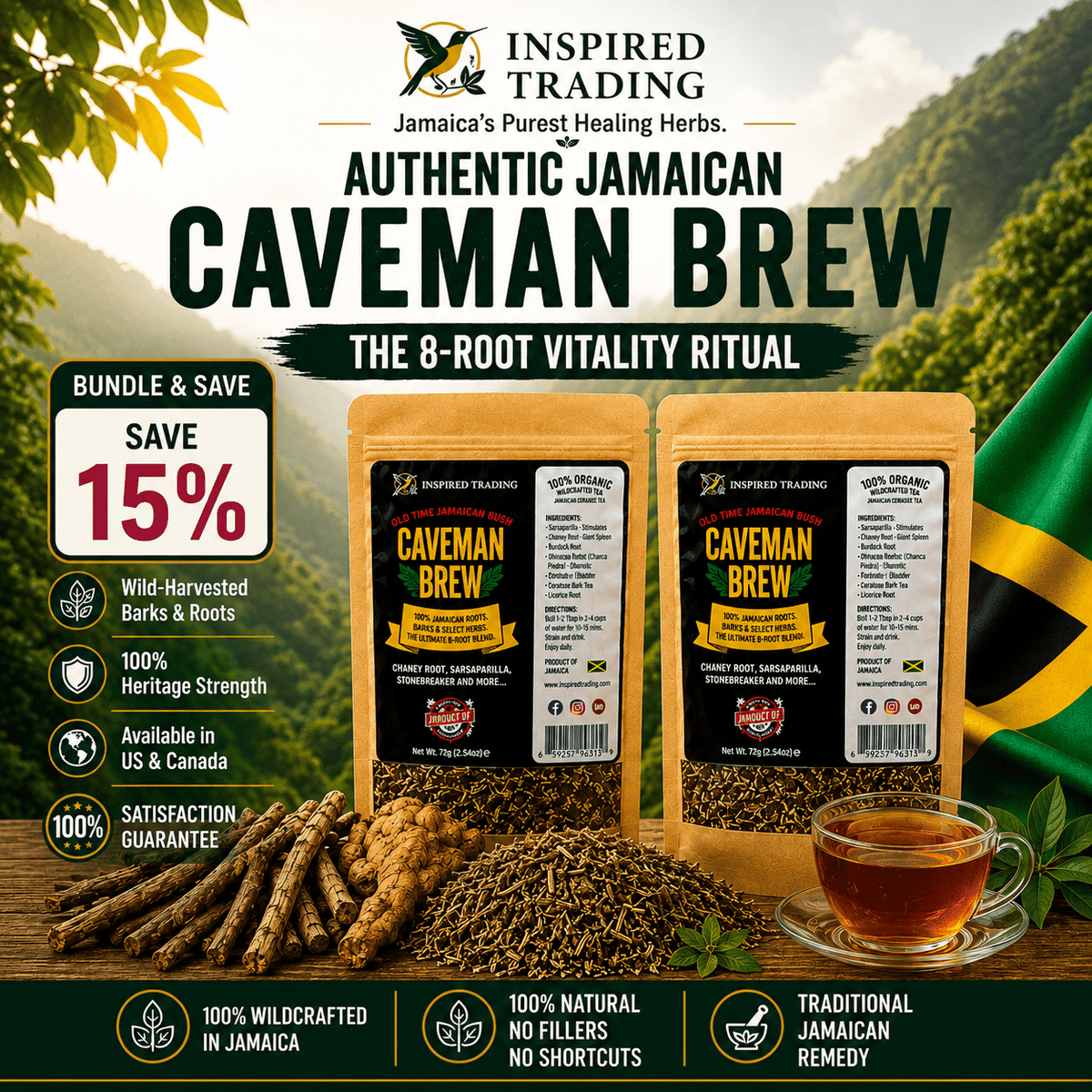 Authentic Jamaican Caveman Brew Bundle 2X traditional 8-root herbal tonic