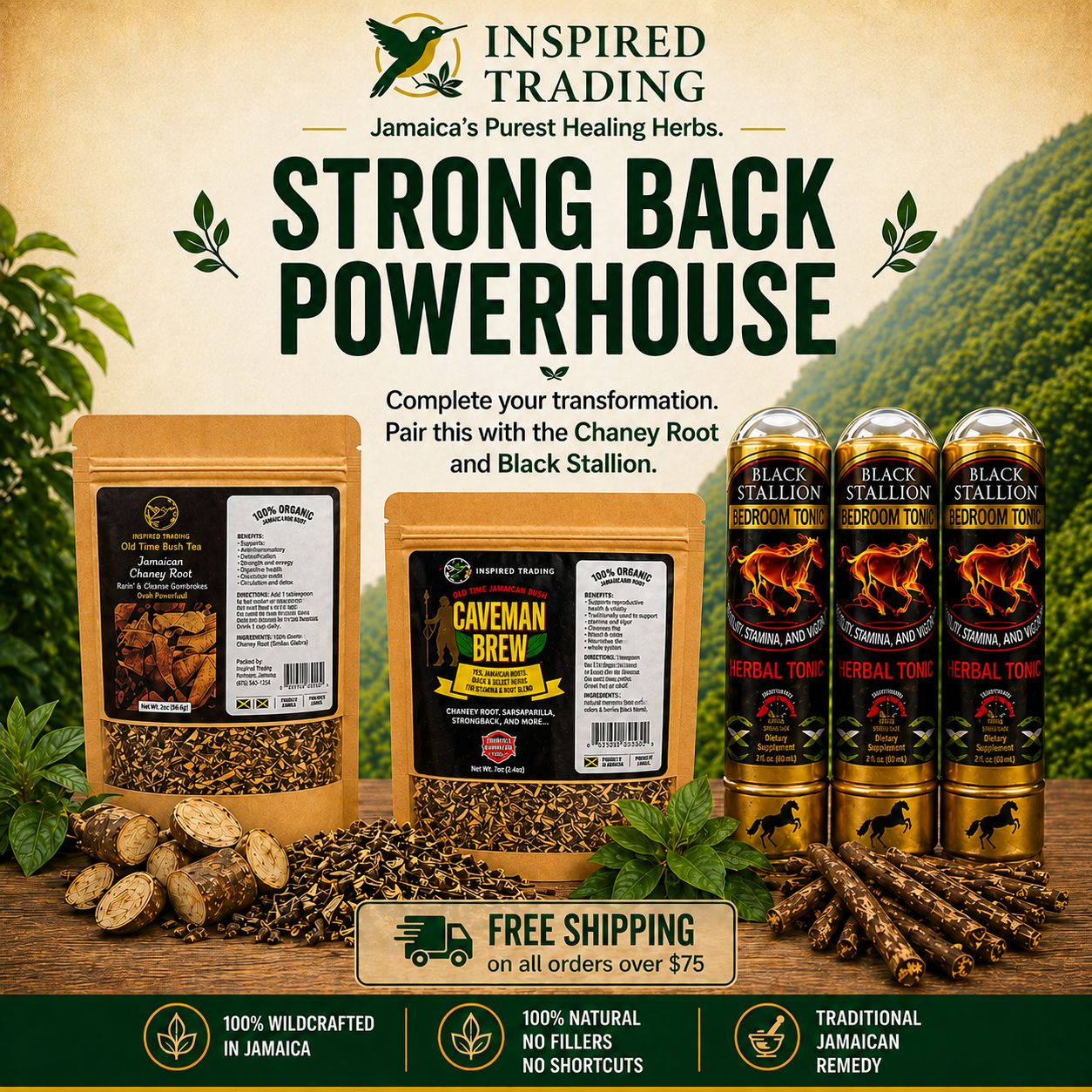 Jamaican men's herbal wellness bundle featuring Chaney Root, Caveman Brew and Black Stallion