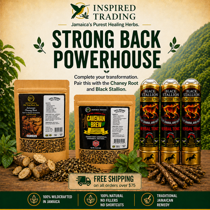 Jamaican men's herbal wellness bundle featuring Chaney Root, Caveman Brew and Black Stallion