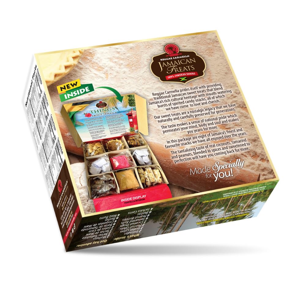 Reggae Carmella Jamaican Snacks Gift Box 480g – Authentic Island Treats Sampler with Peanut Brittle, Gizzada, Coconut Drops & More – Gourmet Jamaican Sweets for Gifting & Snacking – Freshly Sealed 100% Jamaican Made