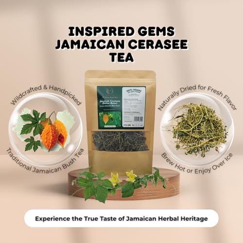 Inspired Gems Jamaican Cerasee Tea Graphic showing wildcrafted packaging with traditional bitter melon herb details