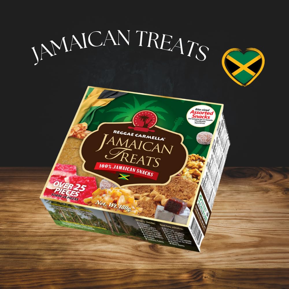 Reggae Carmella Jamaican Snacks Gift Box 480g – Authentic Island Treats Sampler with Peanut Brittle, Gizzada, Coconut Drops & More – Gourmet Jamaican Sweets for Gifting & Snacking – Freshly Sealed 100% Jamaican Made