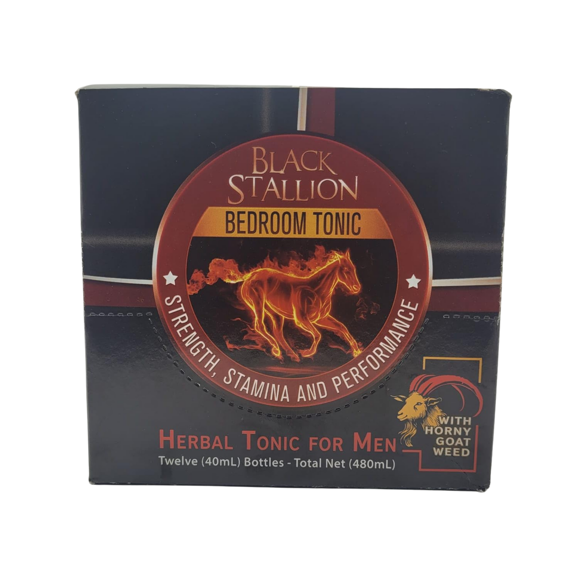 Retail box of Black Stallion Bedroom Tonic for Men, featuring the fiery stallion logo and highlighting strength, stamina, and performance with Horny Goat Weed