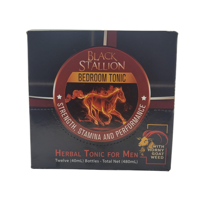 Retail box of Black Stallion Bedroom Tonic for Men, featuring the fiery stallion logo and highlighting strength, stamina, and performance with Horny Goat Weed