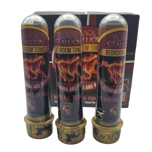 Three bottles of Black Stallion Herbal Tonic featuring the jumping horse logo, a traditional Jamaican natural vitality drink in a 3-pack value set