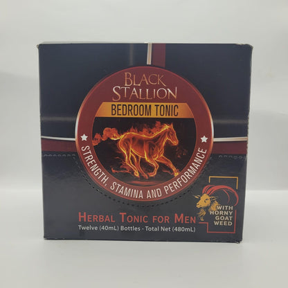 Front view of the Black Stallion 12-Pack retail box, featuring the 'Bedroom Tonic' logo with a flaming horse and 'Strength, Stamina and Performance' text.