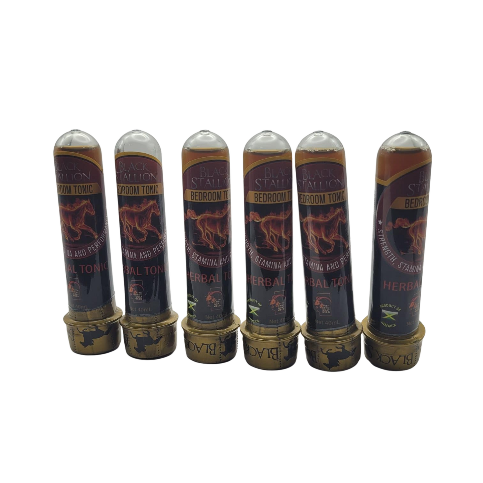 Six 1.5oz bottles of authentic Black Stallion Jamaican Herbal Tonic arranged in a row on a white background, showcasing the traditional dark labels