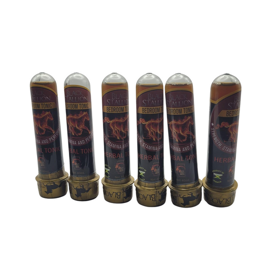 Six 1.5oz bottles of authentic Black Stallion Jamaican Herbal Tonic arranged in a row on a white background, showcasing the traditional dark labels