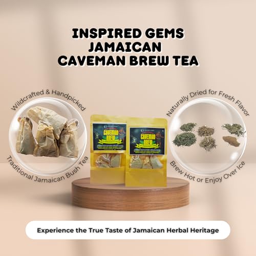 An informational marketing graphic for Inspired Gems' Caveman Brew, showing two gold pouches of Jamaican bush tea on a stand. Two clear bubble graphics highlight the 'Wildcrafted & Handpicked' ingredients and explain 'Naturally Dried for Fresh Flavor