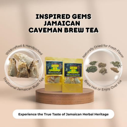 An informational marketing graphic for Inspired Gems' Caveman Brew, showing two gold pouches of Jamaican bush tea on a stand. Two clear bubble graphics highlight the 'Wildcrafted & Handpicked' ingredients and explain 'Naturally Dried for Fresh Flavor