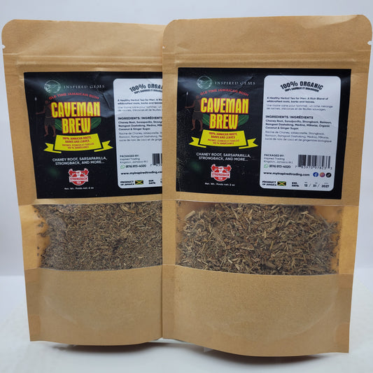 Two 30g brown kraft paper pouches of Caveman Brew Roots Tea standing side-by-side on a white background, featuring labels with ingredients like Channey Root and Sarsaparilla