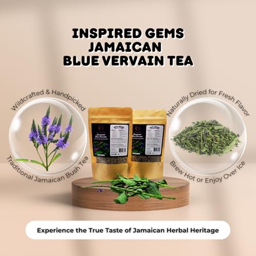 Infographic for Inspired Gems Jamaican Blue Vervain Tea showing two pouches on a wooden pedestal, featuring wildcrafted and handpicked benefits with images of fresh purple flowers and dried herbs