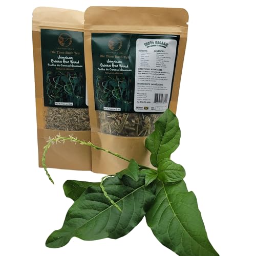 Two brown kraft pouches of Inspired Gems Jamaican Guinea Hen Weed Tea (Anamu) with a fresh green leafy plant and flowering stem displayed in front on a white background