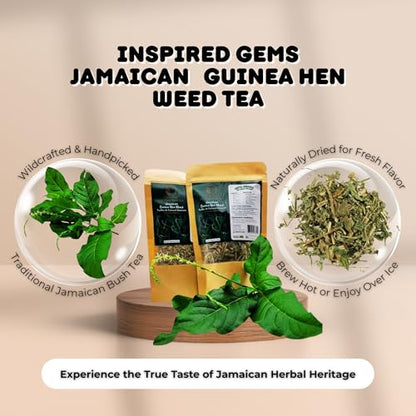 Infographic for Inspired Gems Jamaican Guinea Hen Weed Tea (Anamu) featuring tea pouches on a wooden stand, highlighting wildcrafted and handpicked benefits with images of fresh green Anamu leaves and dried herbs