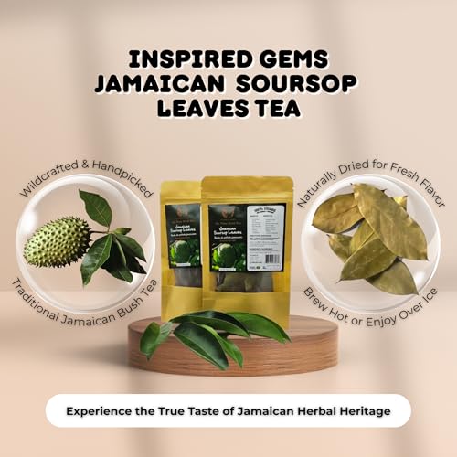 Infographic for Inspired Gems Jamaican Soursop Leaves Tea showing two herbal pouches on a wooden stand, highlighting wildcrafted and handpicked benefits with images of a fresh soursop fruit and dried graviola leaves