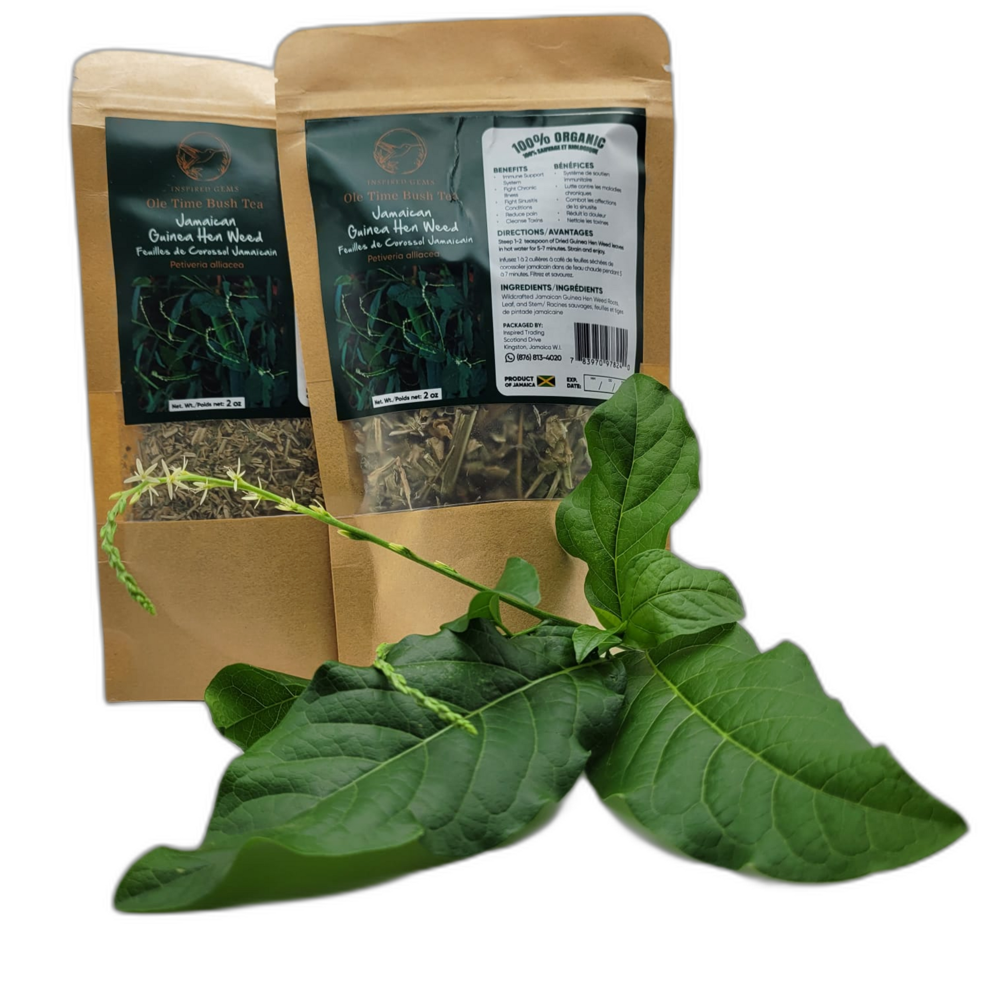 Two pouches of Inspired Gems Organic Jamaican Guinea Hen Weed Tea (Anamu) with fresh green leaves and a flowering stem in the foreground on a white background