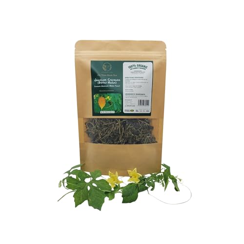 Handpicked Jamaican Cerasee Tea packaging with organic bitter melon plant and yellow flowers on a clean white background